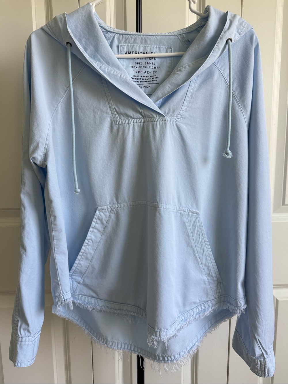 AE Western Fringed Pullover Hoodie S Pastel Blue Cotton Blend Anorak